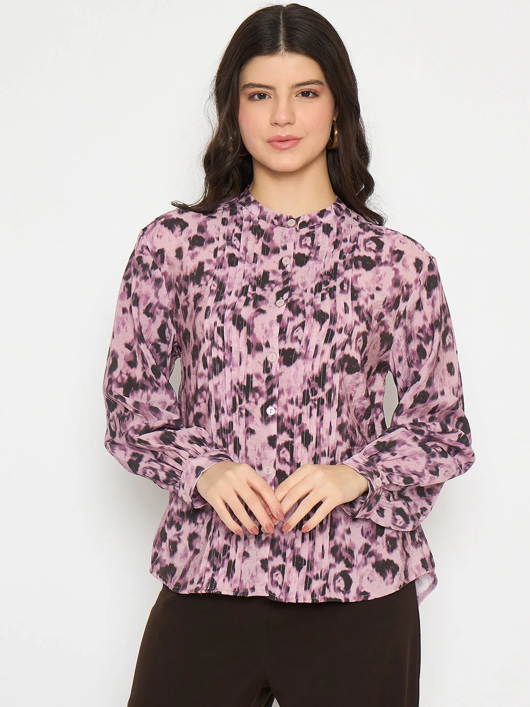 Madame Button Detailed Printed Mauve Chambray Top - Image 3
