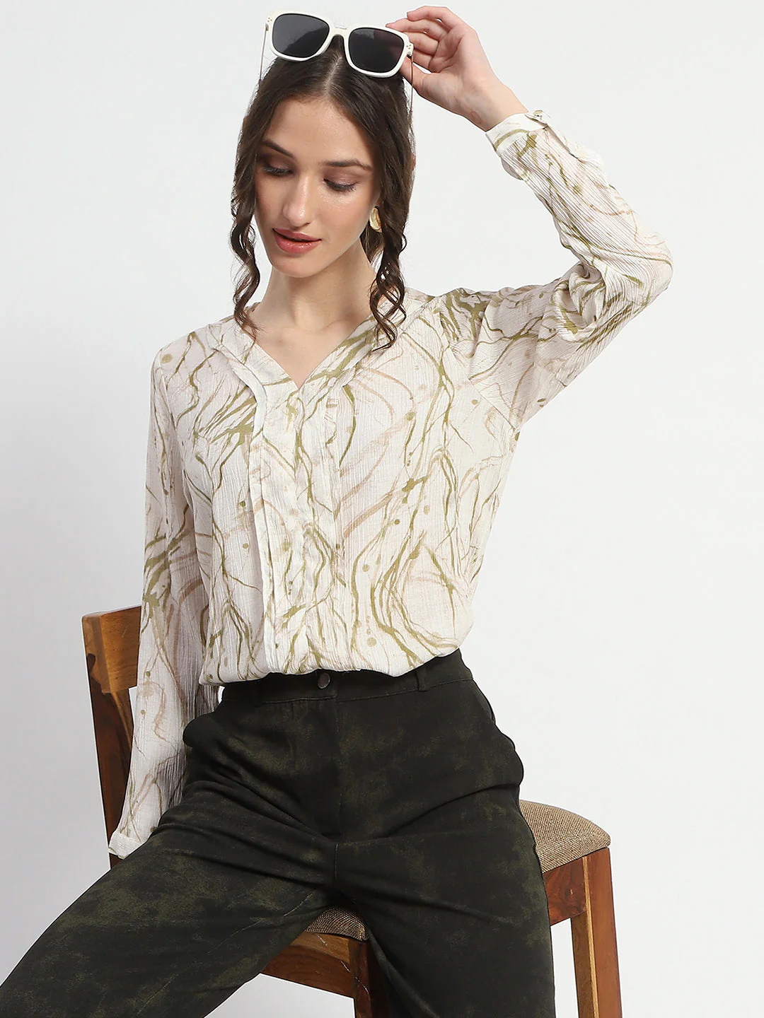 Madame Rayon Blend Abstract Print Green Top - Image 2