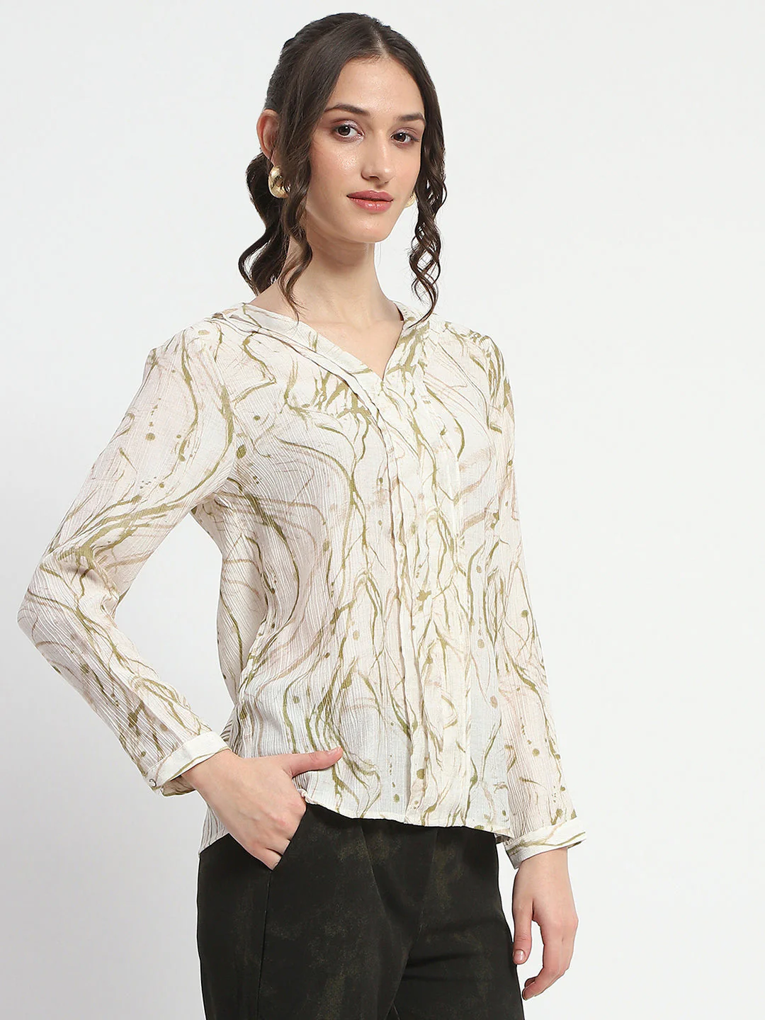 Madame Rayon Blend Abstract Print Green Top - Image 4