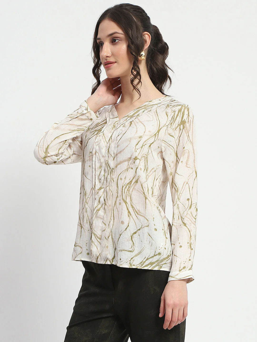 Madame Rayon Blend Abstract Print Green Top - Image 5