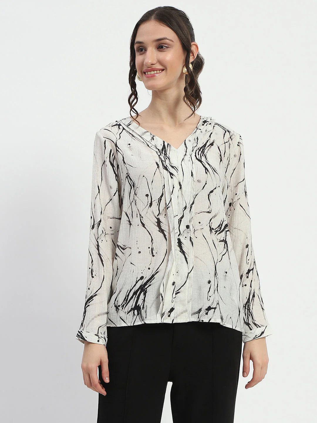 Madame Rayon Blend Abstract Print Off White Top - Image 3
