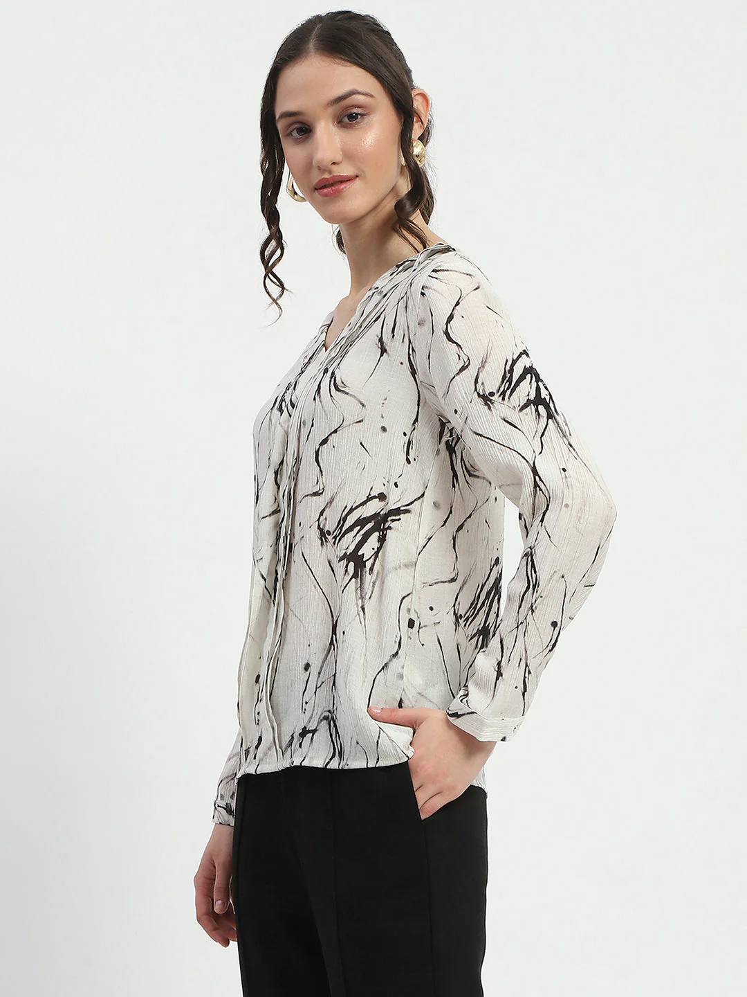 Madame Rayon Blend Abstract Print Off White Top - Image 5