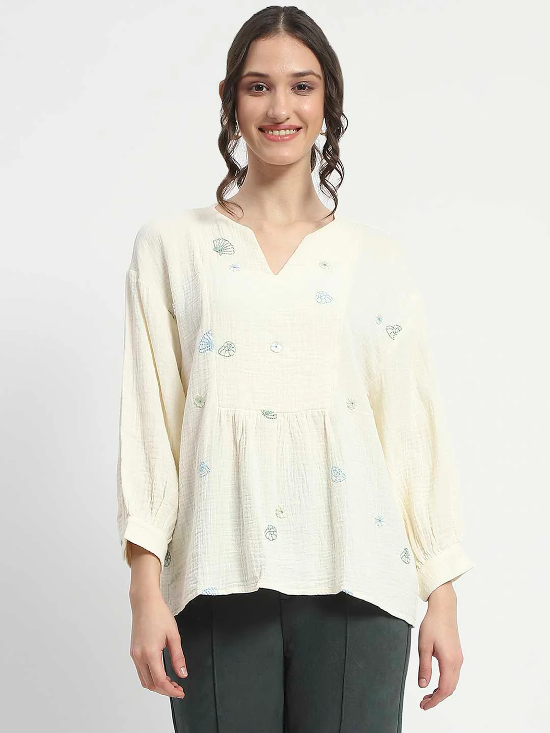 Madame Embroidered Boho Cotton Beige Top - Image 3