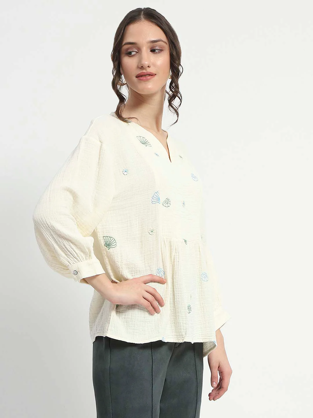 Madame Embroidered Boho Cotton Beige Top - Image 4