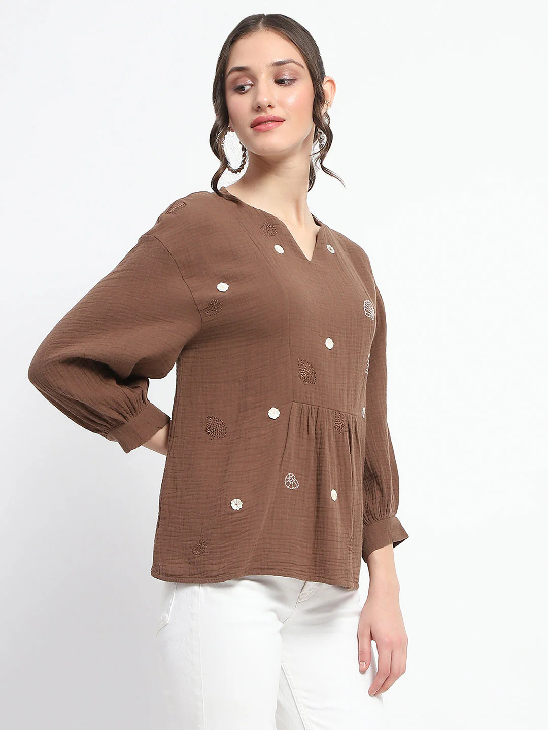 Madame Solid Chocolate Brown Embroidery Detailed Cotton Top - Image 4
