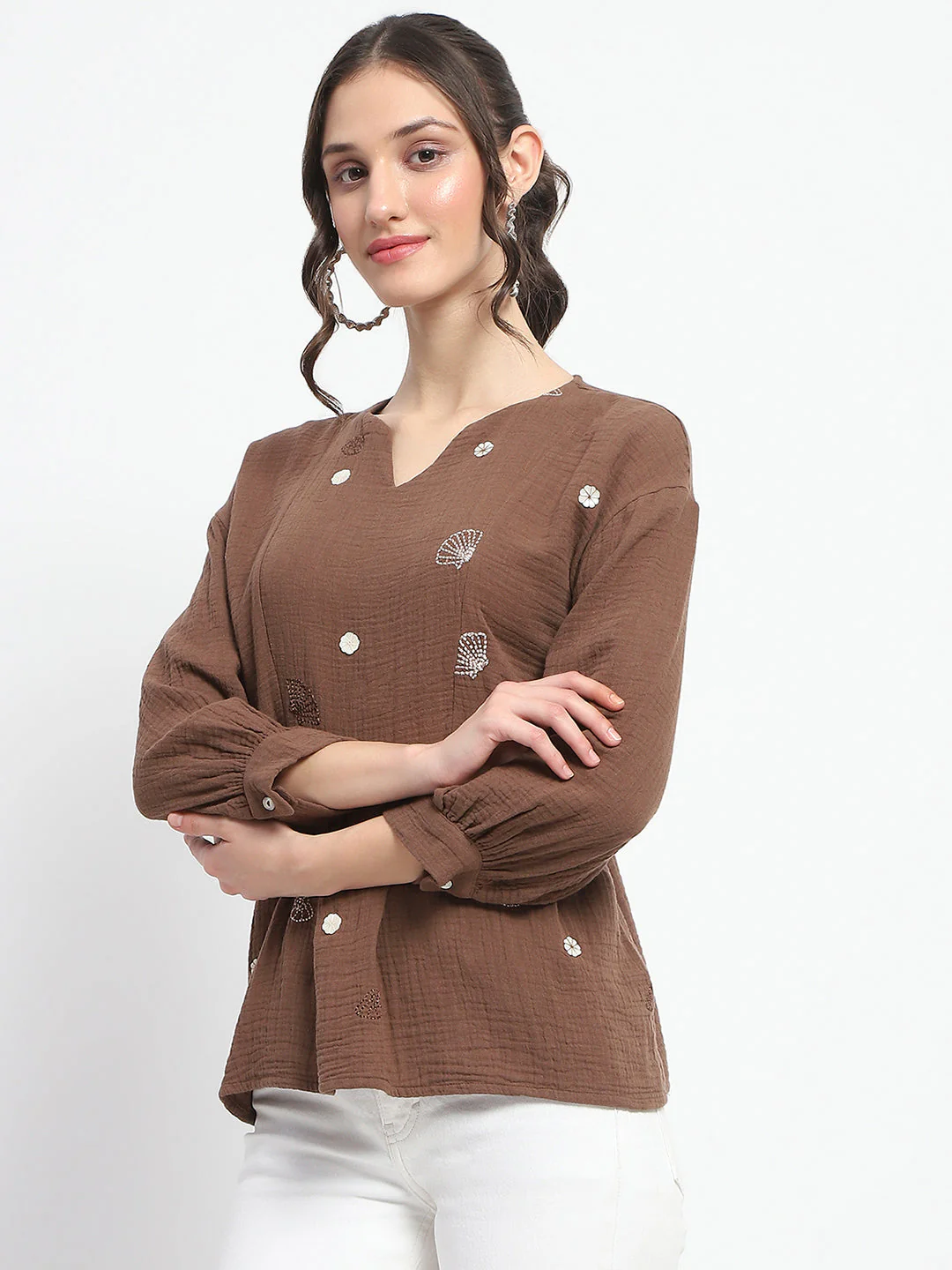 Madame Solid Chocolate Brown Embroidery Detailed Cotton Top - Image 5