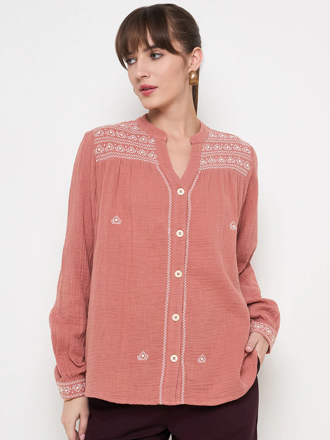 Madame Cotton Embroidery Detailed Rust Red Top - Image 3