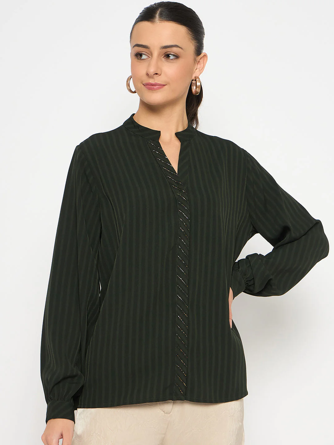 Madame Embellished Striped Cuff Sleeved Green Top - Image 3