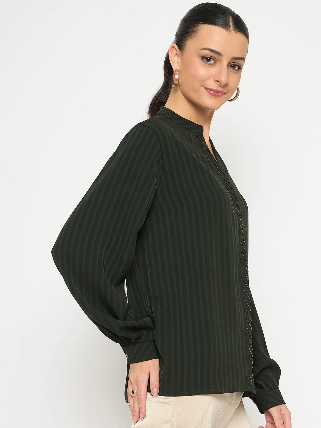 Madame Embellished Striped Cuff Sleeved Green Top - Image 4
