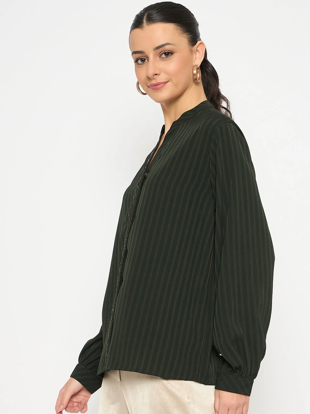 Madame Embellished Striped Cuff Sleeved Green Top - Image 5