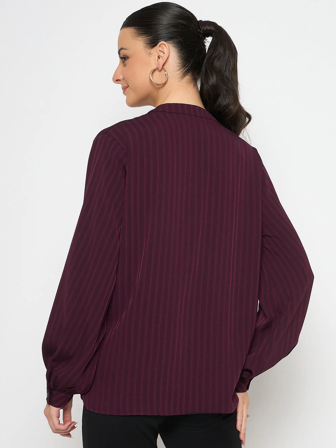 Madame Embellished Striped Cuff Sleeved Plum Top - Image 6