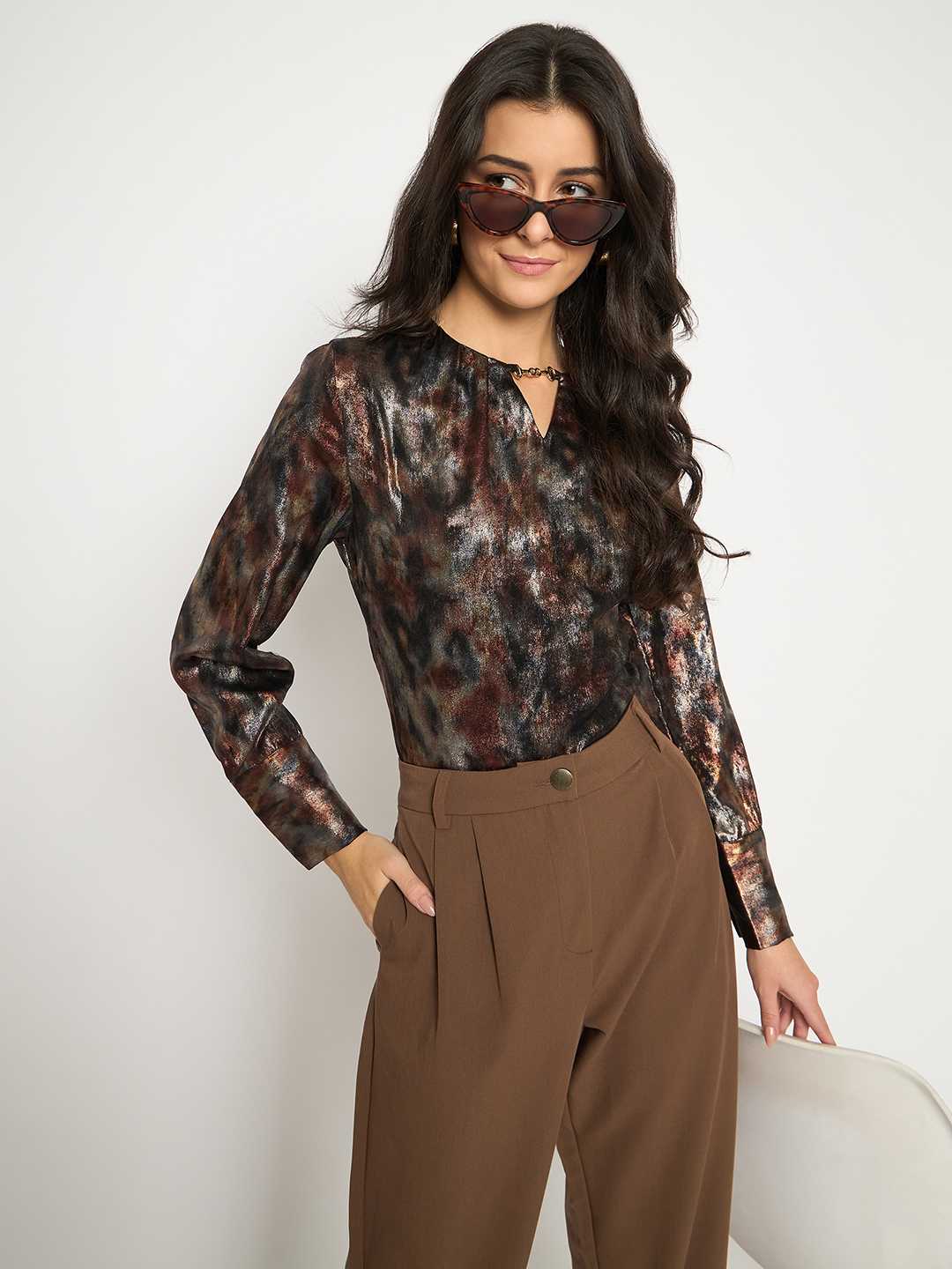 Madame Metal Buckled Neckline Tie Dye Black Satin Top