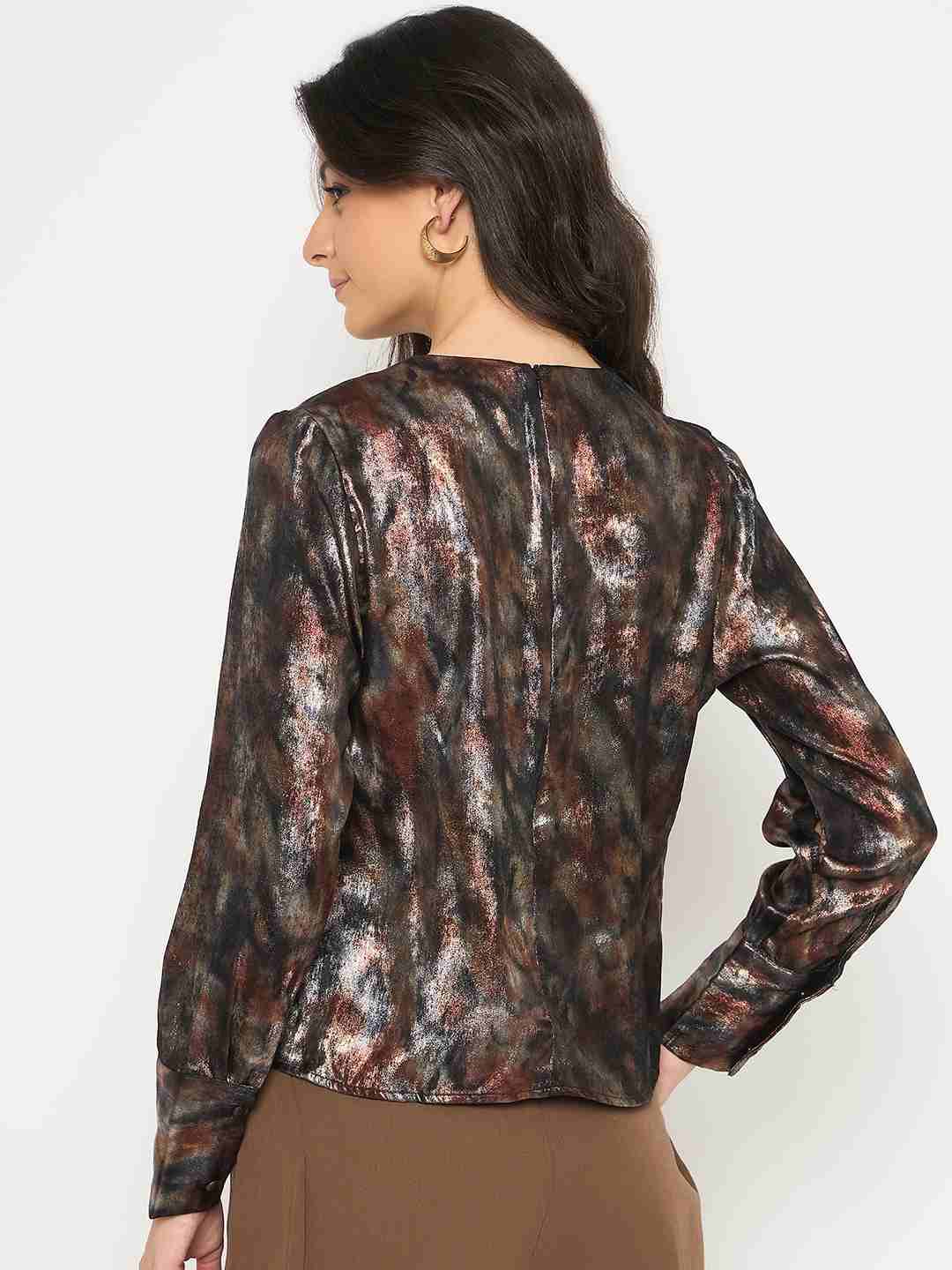 Madame Metal Buckled Neckline Tie Dye Black Satin Top - Image 6