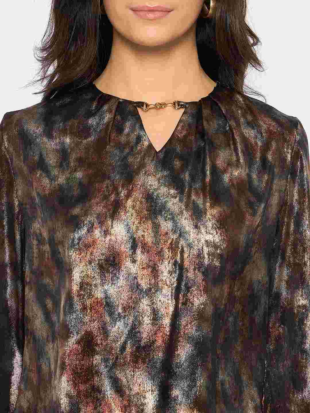 Madame Metal Buckled Neckline Tie Dye Black Satin Top - Image 7