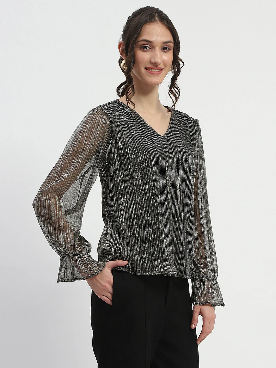 Madame Ruffle Sleeve Black Shimmery Top - Image 4
