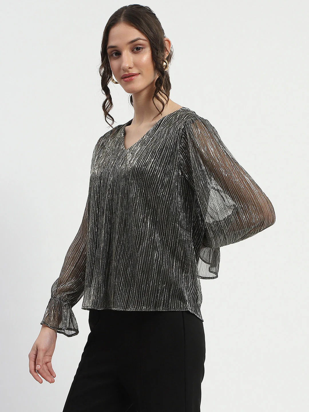 Madame Ruffle Sleeve Black Shimmery Top - Image 5
