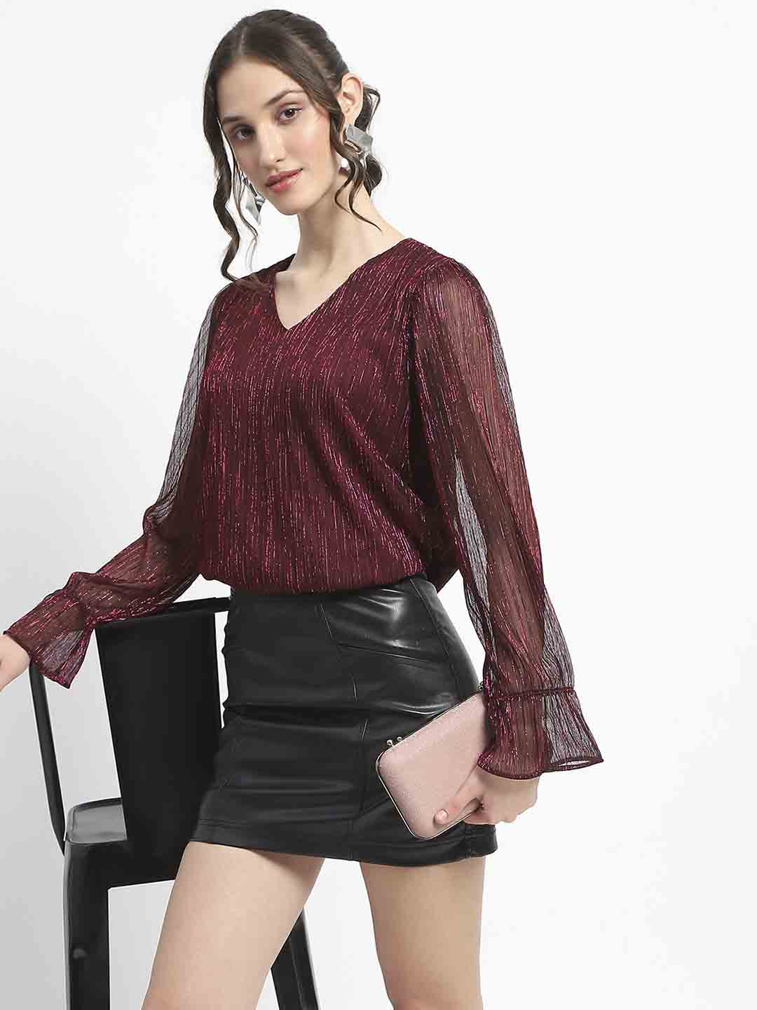 Madame Ruffle Sleeve Plum Shimmery Top