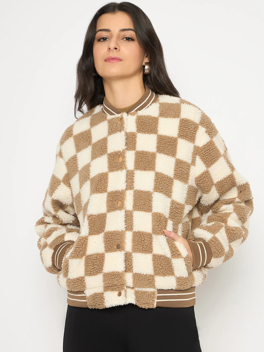 Madame Chequered Zipped Brown Bomber Jacket - Image 3