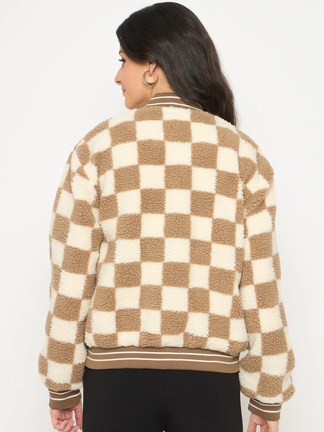 Madame Chequered Zipped Brown Bomber Jacket - Image 6