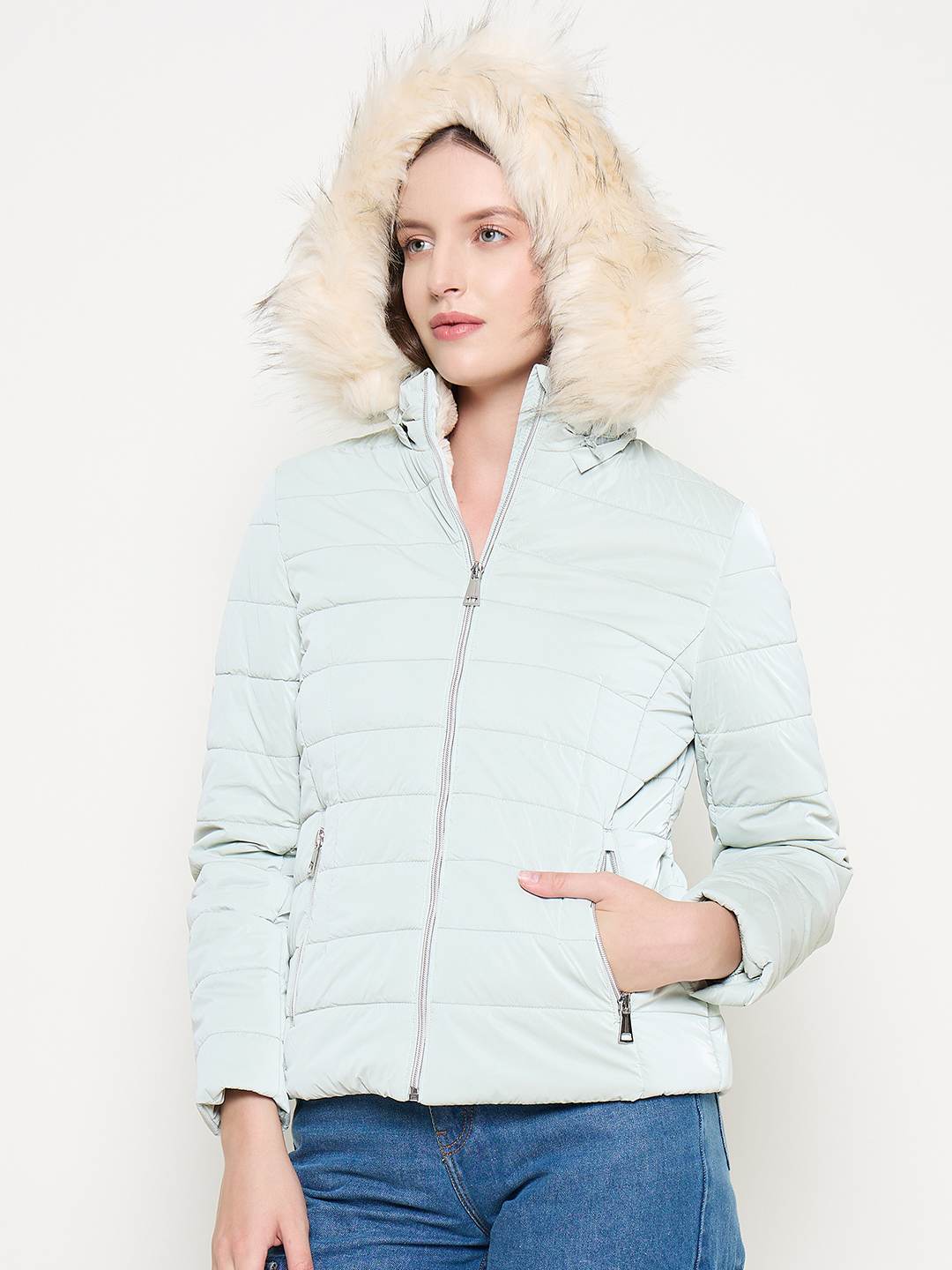 Madame Nylon Detachable Hood Quilted Light Blue Short Jacket - Image 2