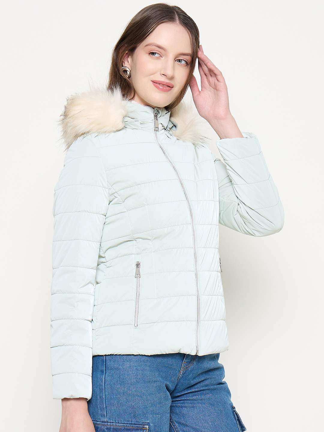 Madame Nylon Detachable Hood Quilted Light Blue Short Jacket - Image 3