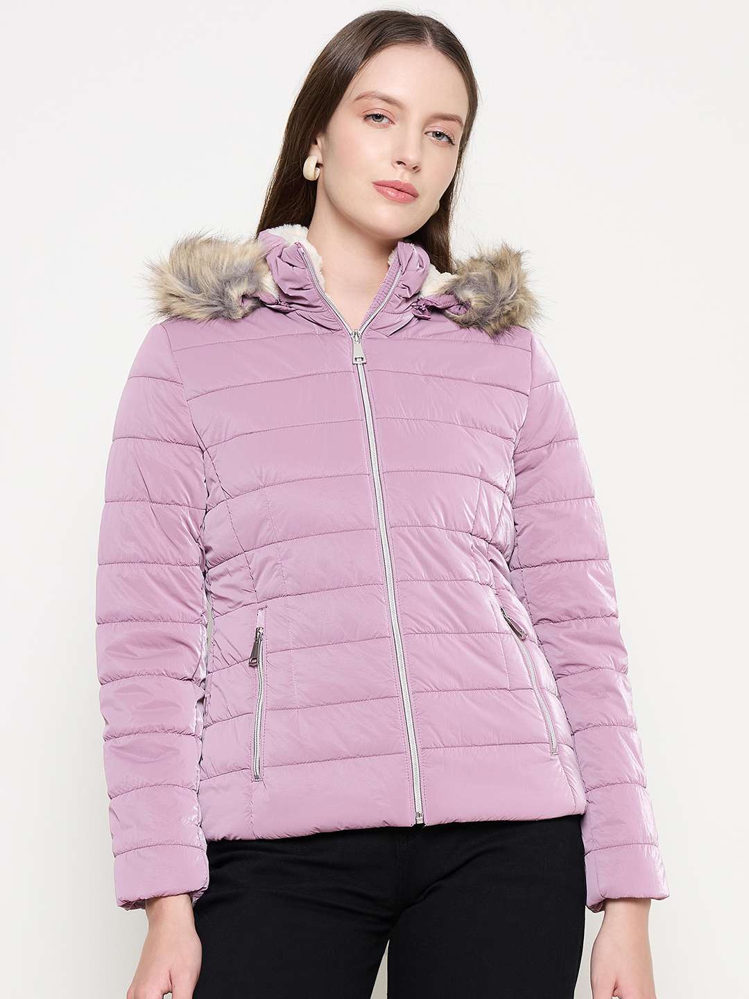 Madame Nylon Detachable Hood Quilted Mauve Short Jacket
