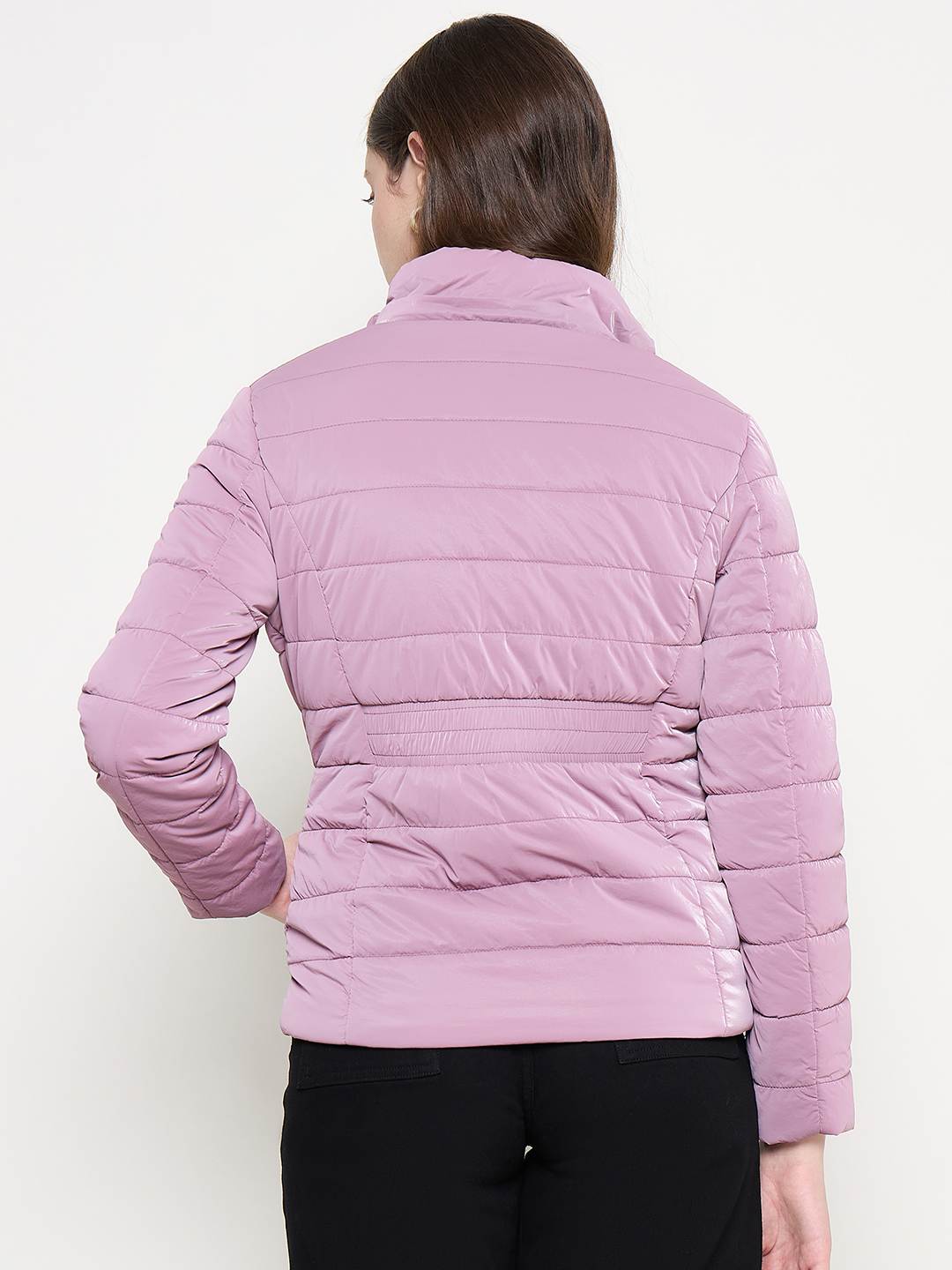 Madame Nylon Detachable Hood Quilted Mauve Short Jacket - Image 6