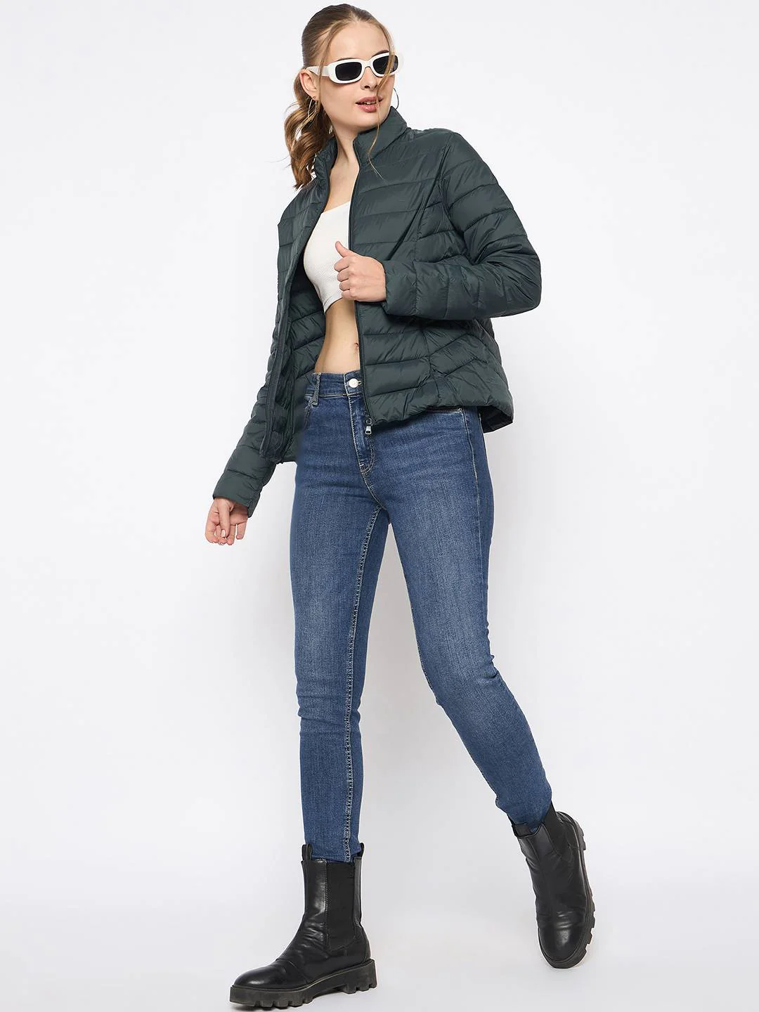 Madame Quilted Bottle Green Puffer Jacket - Image 2