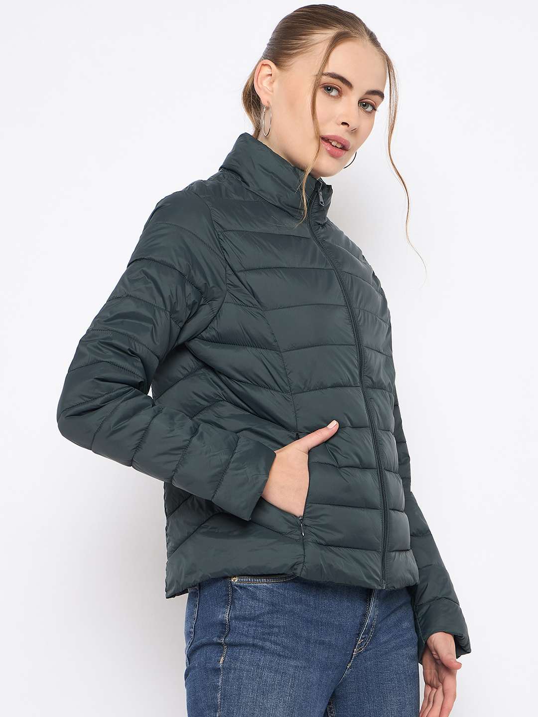 Madame Quilted Bottle Green Puffer Jacket - Image 4