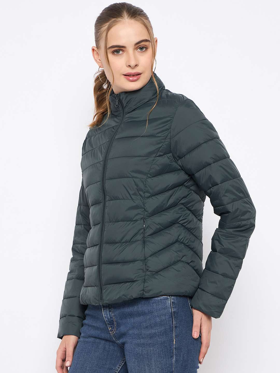 Madame Quilted Bottle Green Puffer Jacket - Image 5