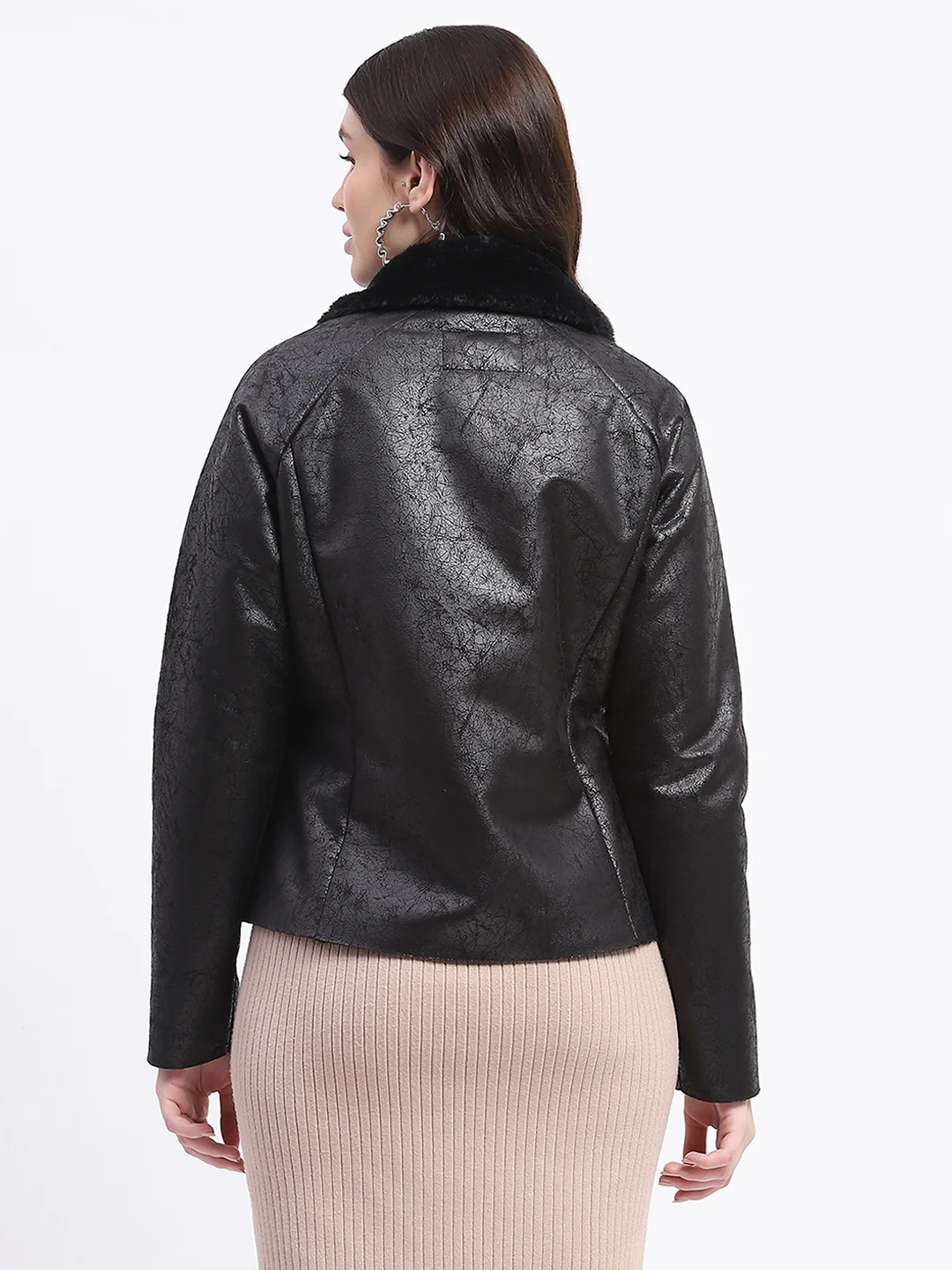 Madame Textured Self Design Black Bonded Suede Jacket - Image 5