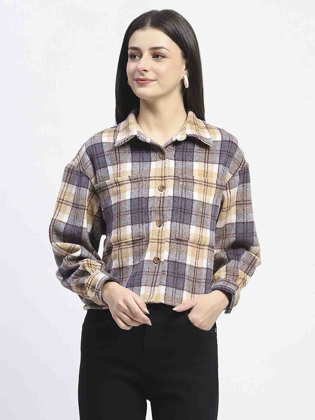 Madame Chequered Loose Fit Grey Crop Shacket - Image 3