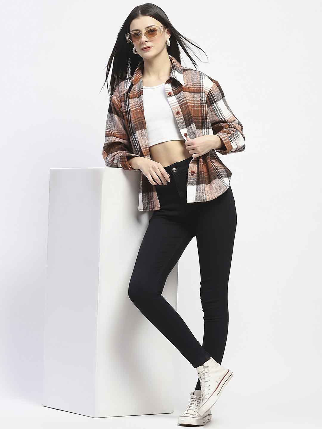 Madame Plaid Pattern Collared Brown Shacket - Image 2