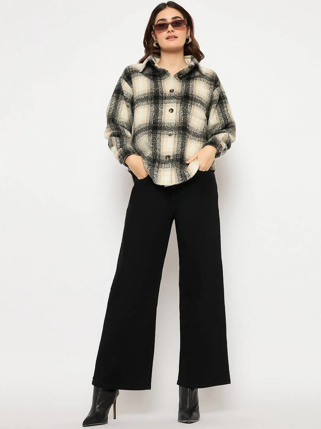 Madame Chequered Rounded Hem Collared Black Shacket - Image 2
