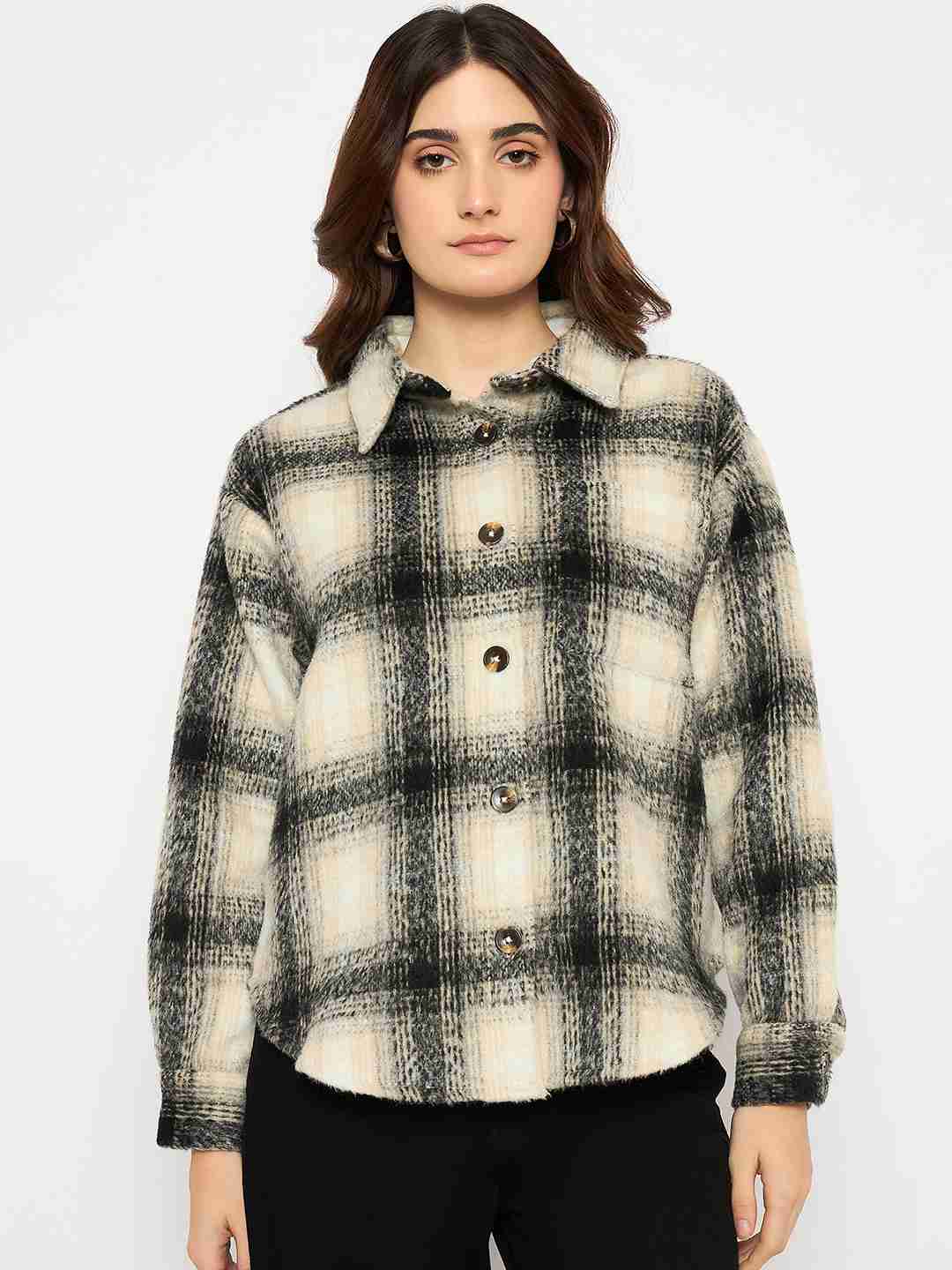 Madame Chequered Rounded Hem Collared Black Shacket - Image 3