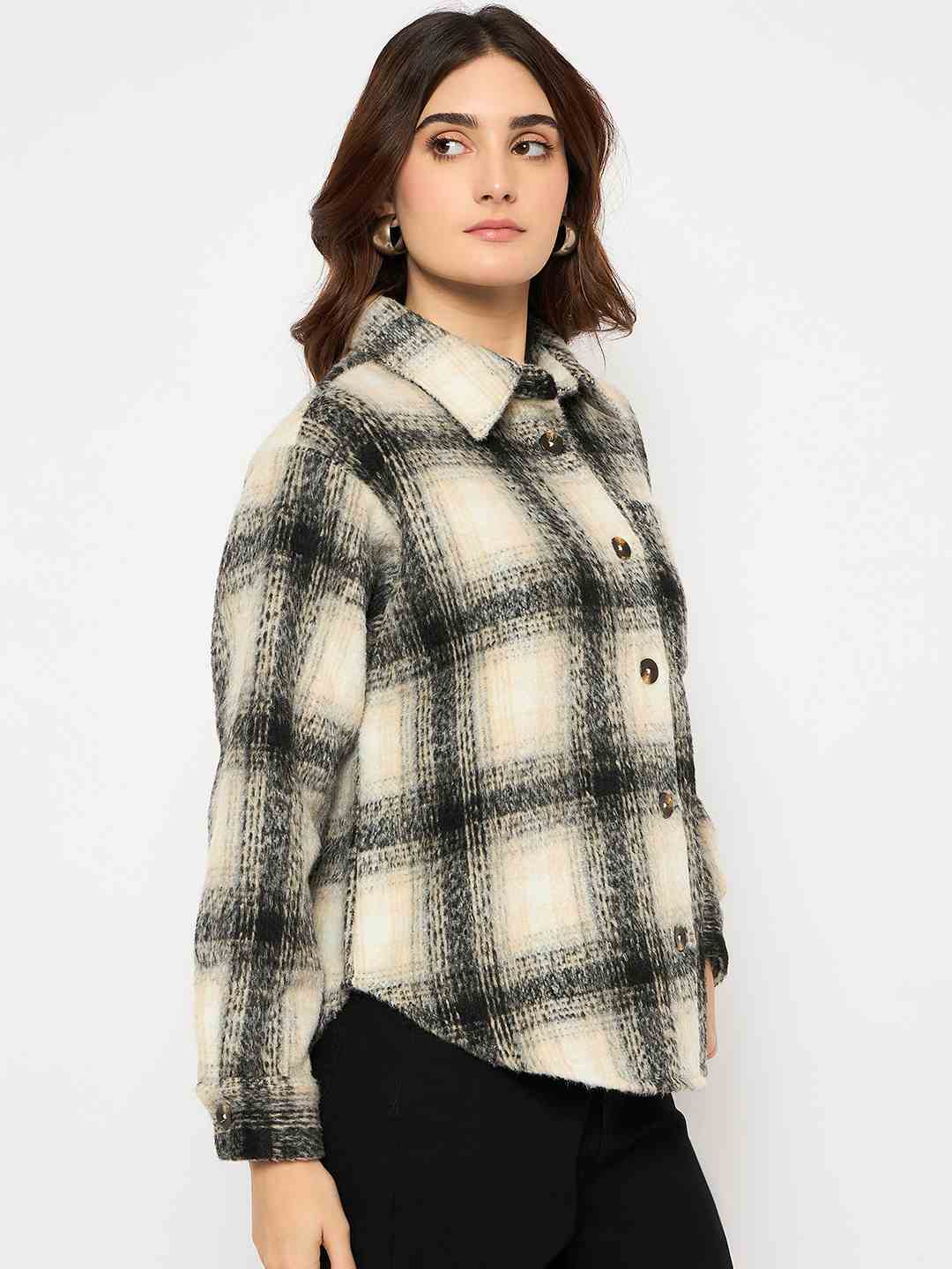Madame Chequered Rounded Hem Collared Black Shacket - Image 4
