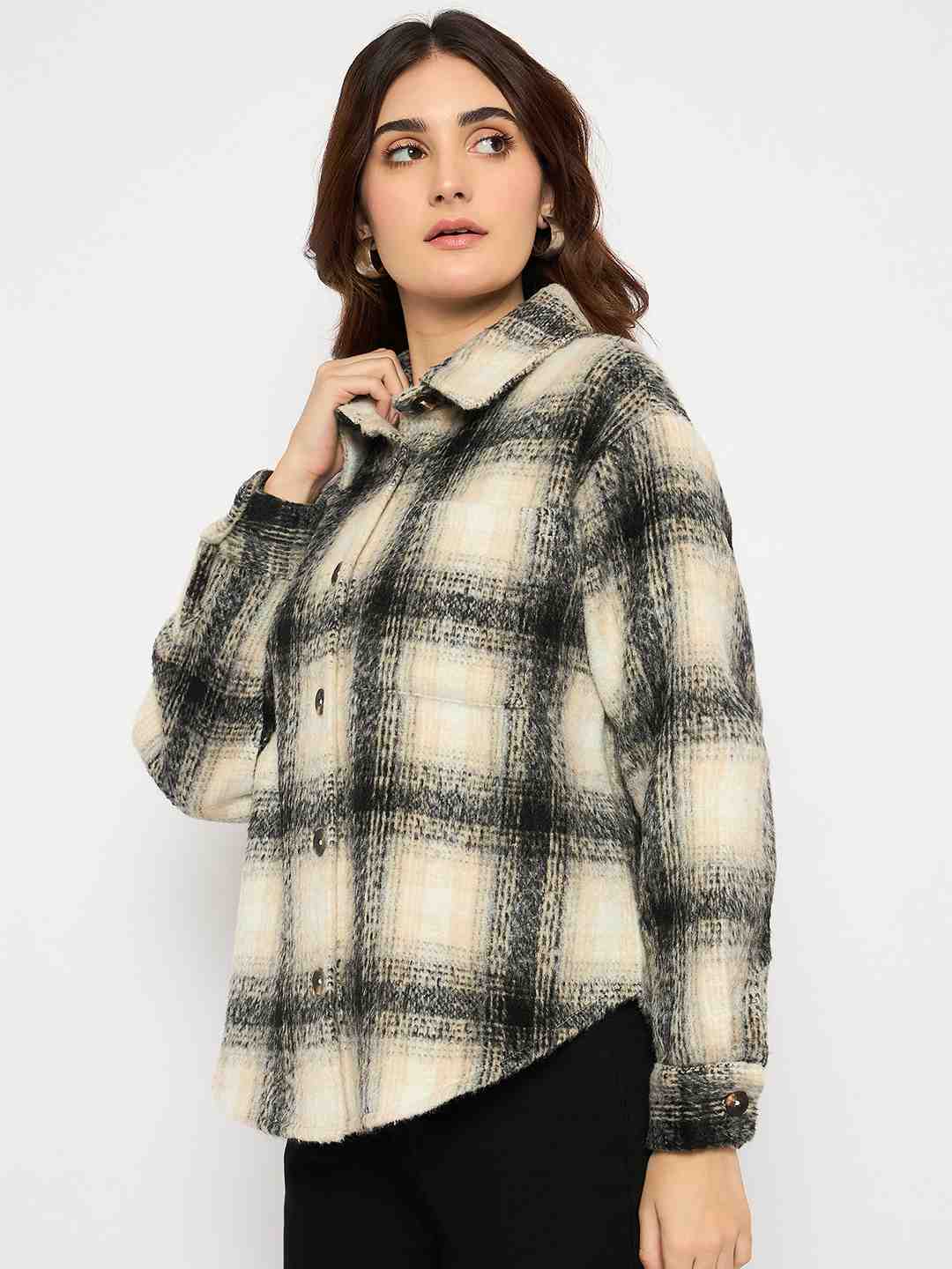 Madame Chequered Rounded Hem Collared Black Shacket - Image 5