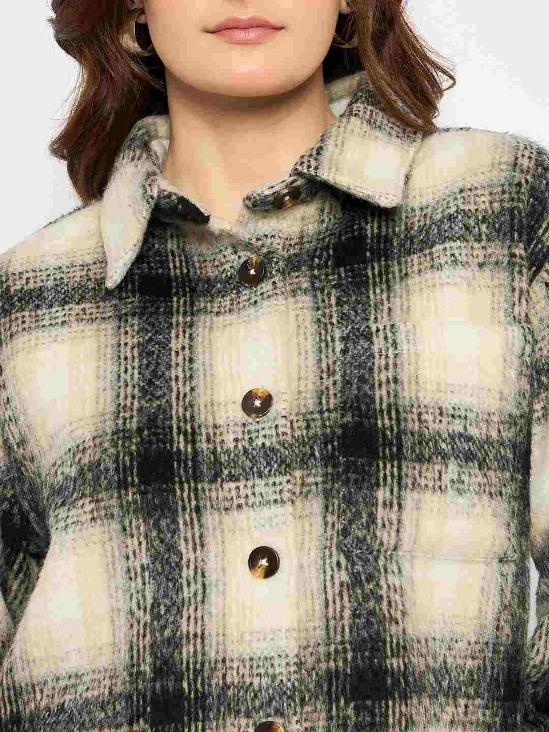 Madame Chequered Rounded Hem Collared Black Shacket - Image 7