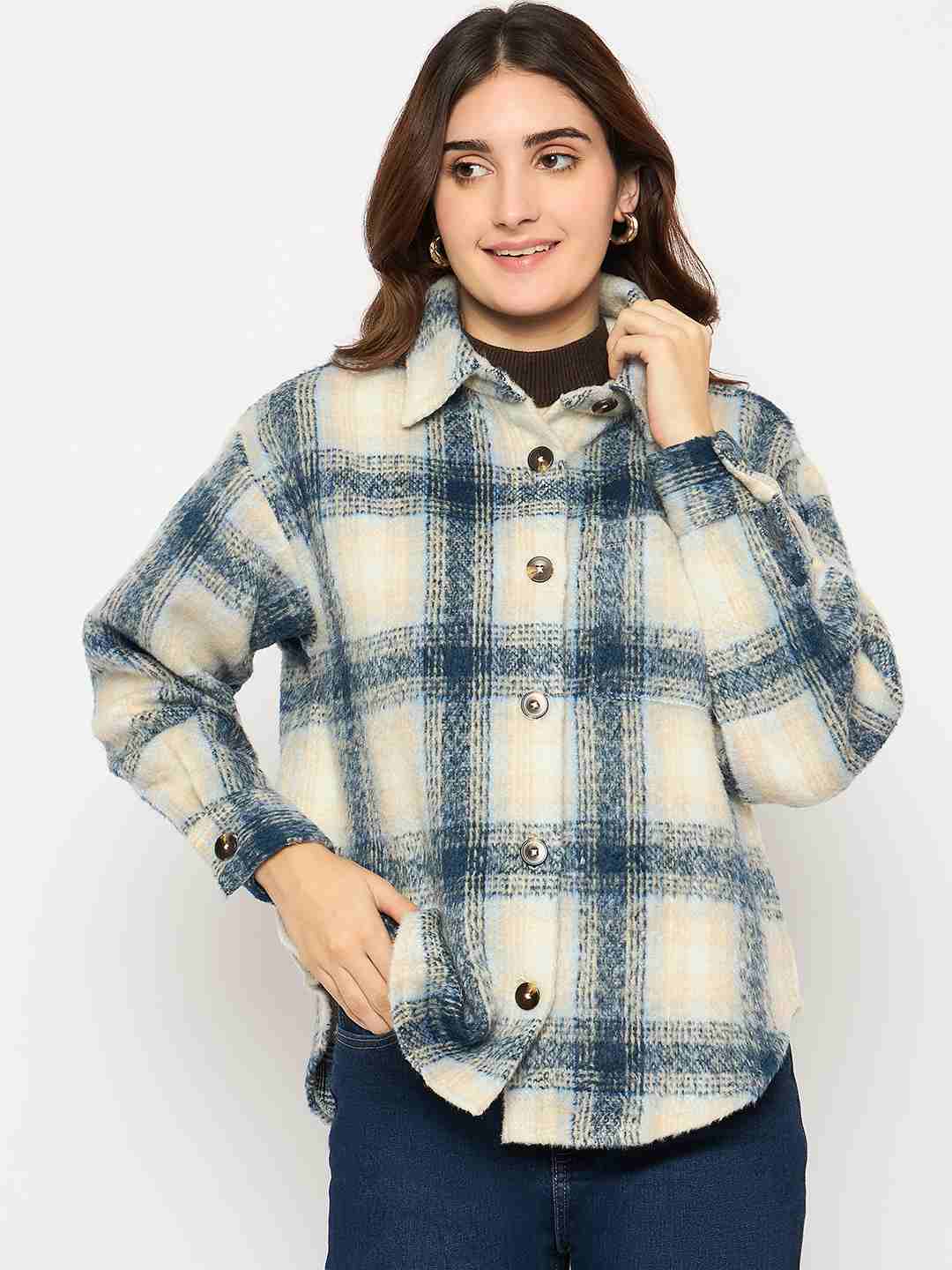 Madame Chequered Rounded Hem Collared Blue Shacket - Image 3