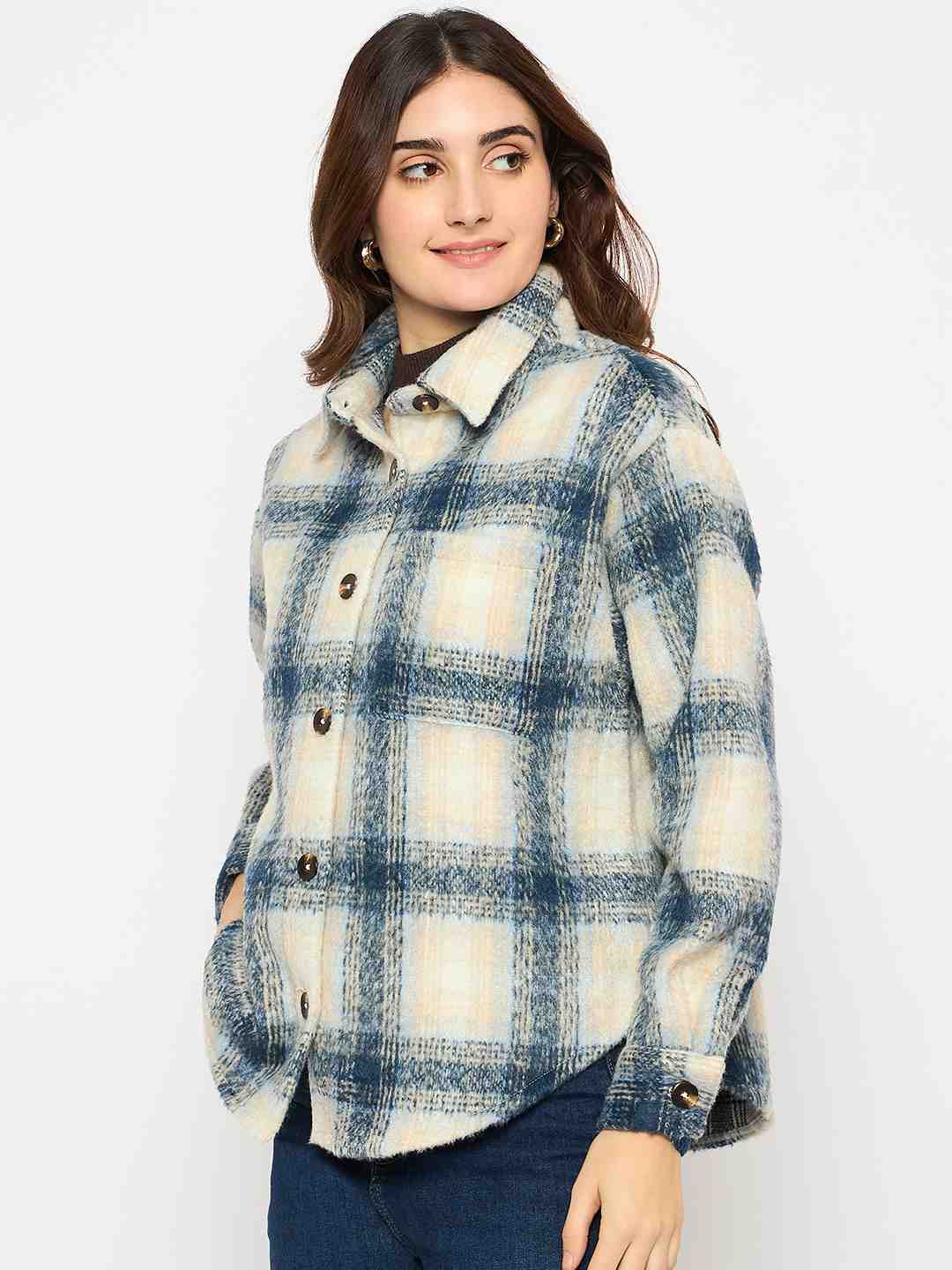 Madame Chequered Rounded Hem Collared Blue Shacket - Image 5