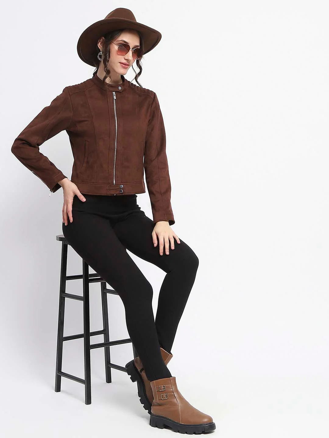 Madame Flap Collared Coffee Suede Jacket - Image 2
