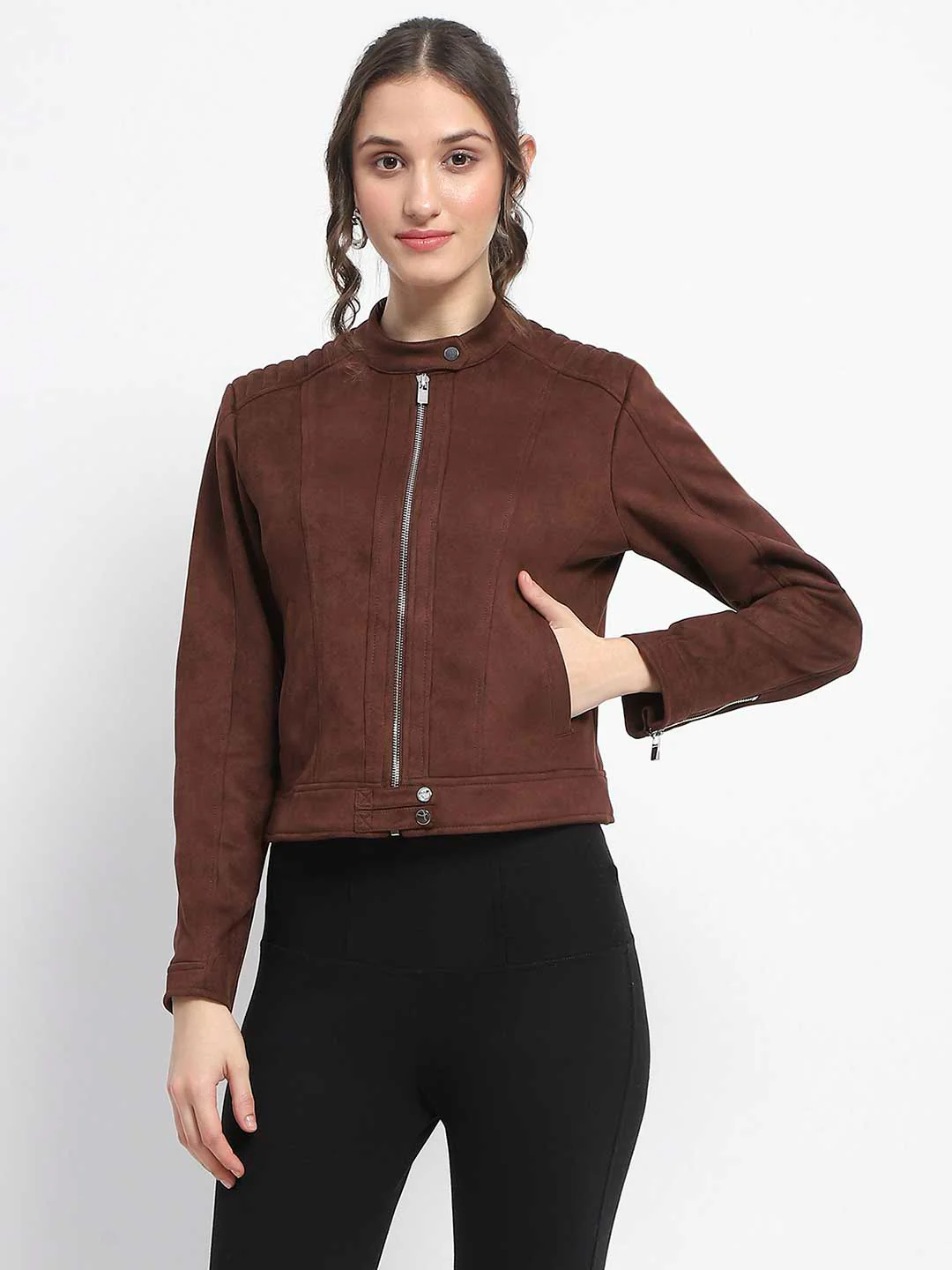 Madame Flap Collared Coffee Suede Jacket - Image 3