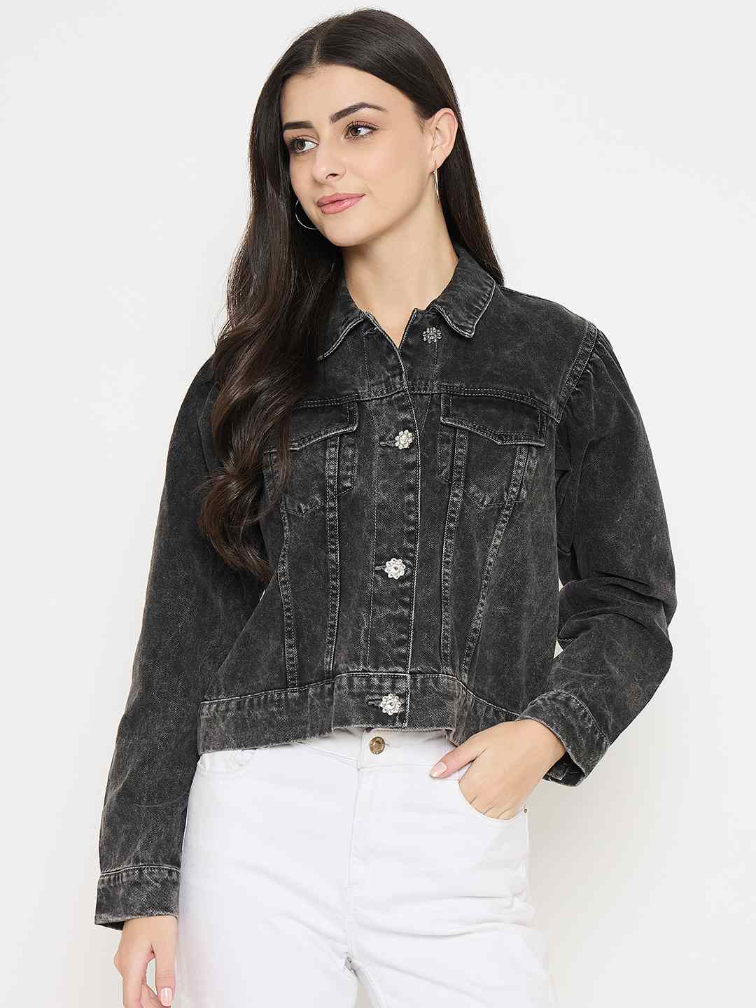Madame Gray Wash Embellished Black Denim Jacket - Image 3