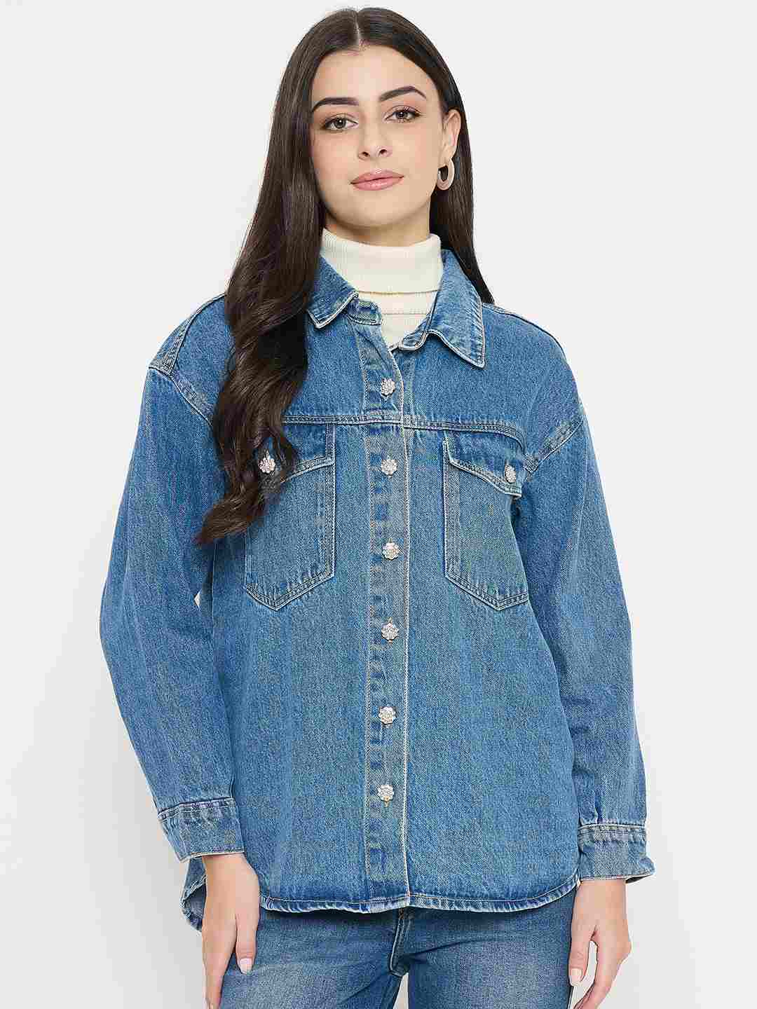 Madame Light Wash Embellished Blue Denim Jacket - Image 3