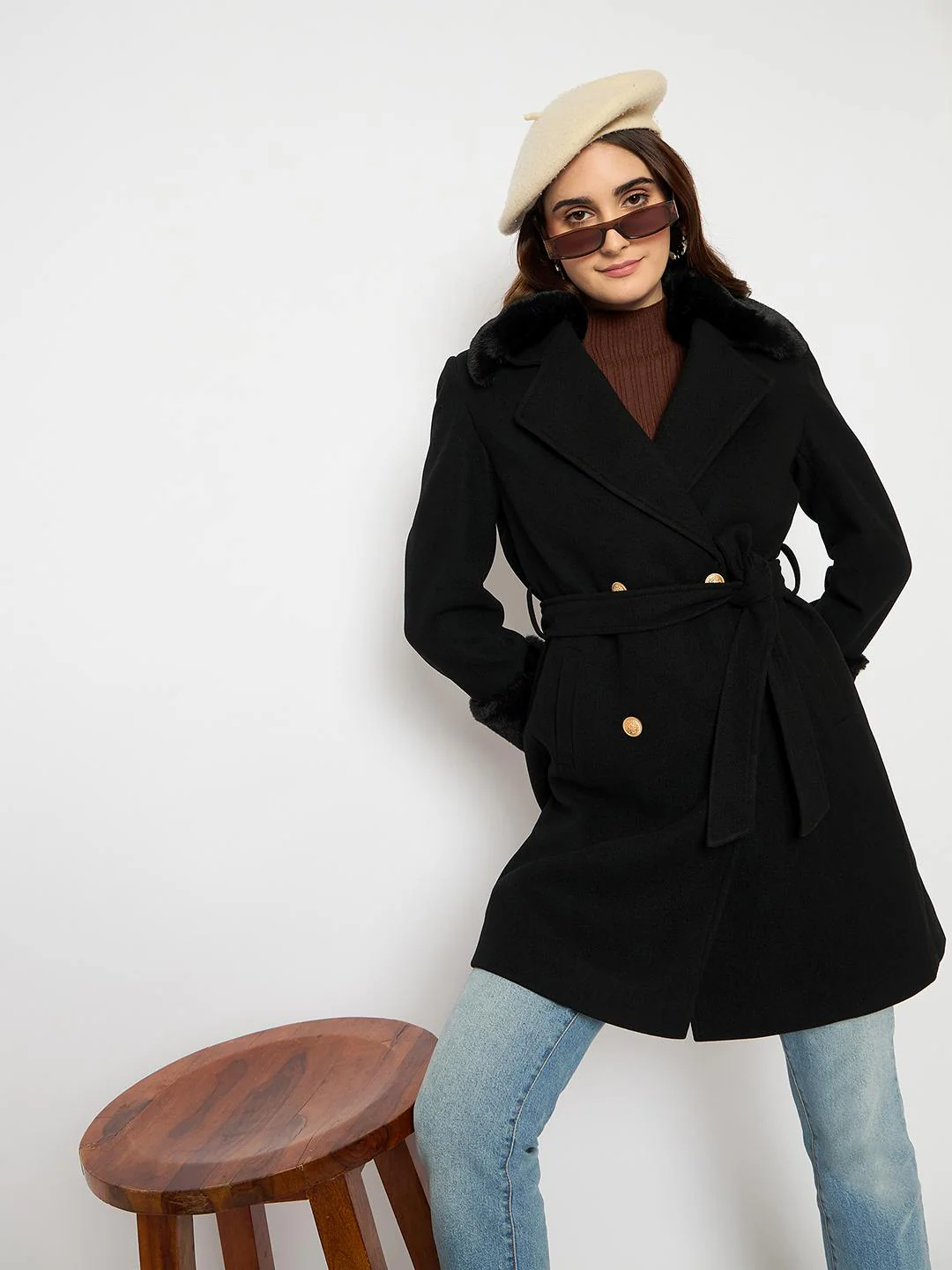 Madame Faux Fur Appliqué Double Breasted Black Long Coat - Image 2