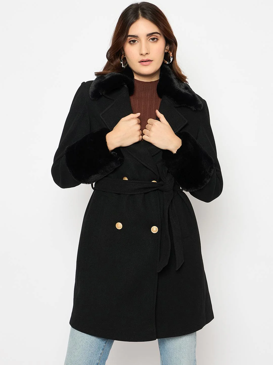 Madame Faux Fur Appliqué Double Breasted Black Long Coat - Image 3