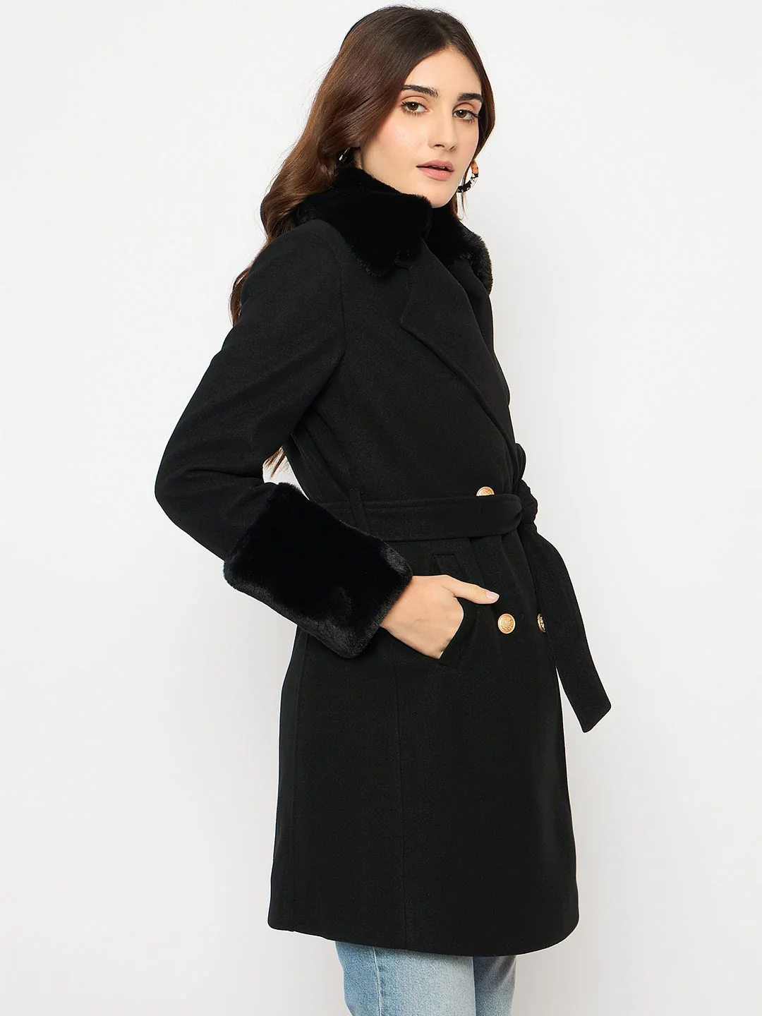 Madame Faux Fur Appliqué Double Breasted Black Long Coat - Image 4