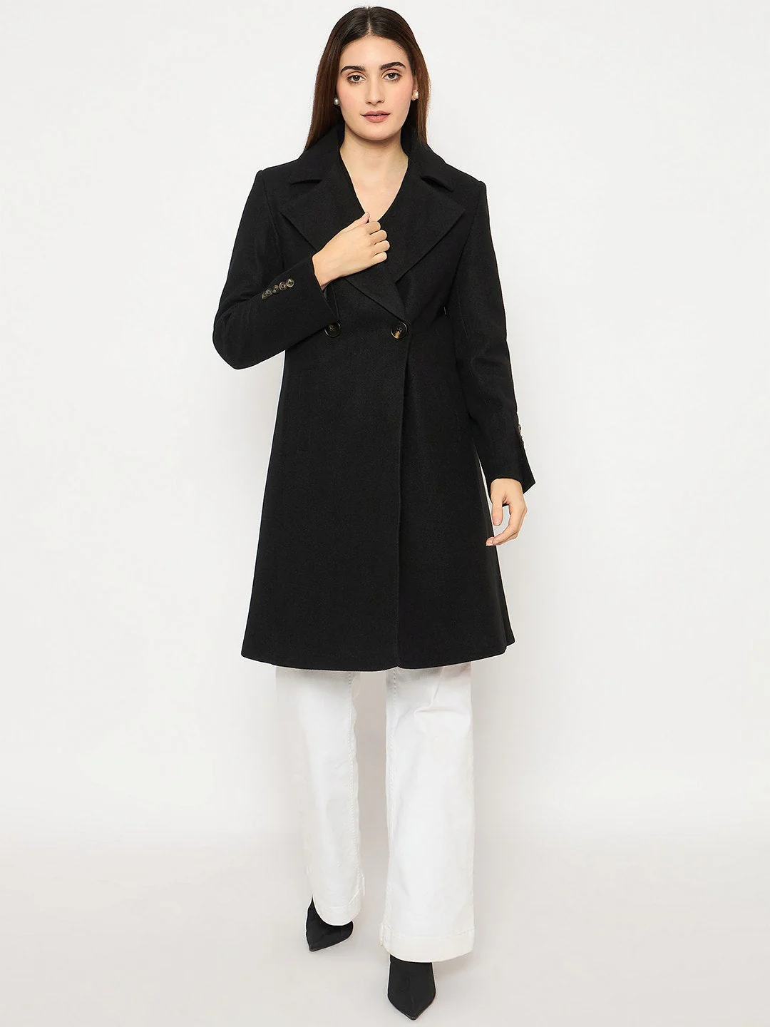 Madame Front Welt Pocketed Double Breasted Black Long Coat - Image 2