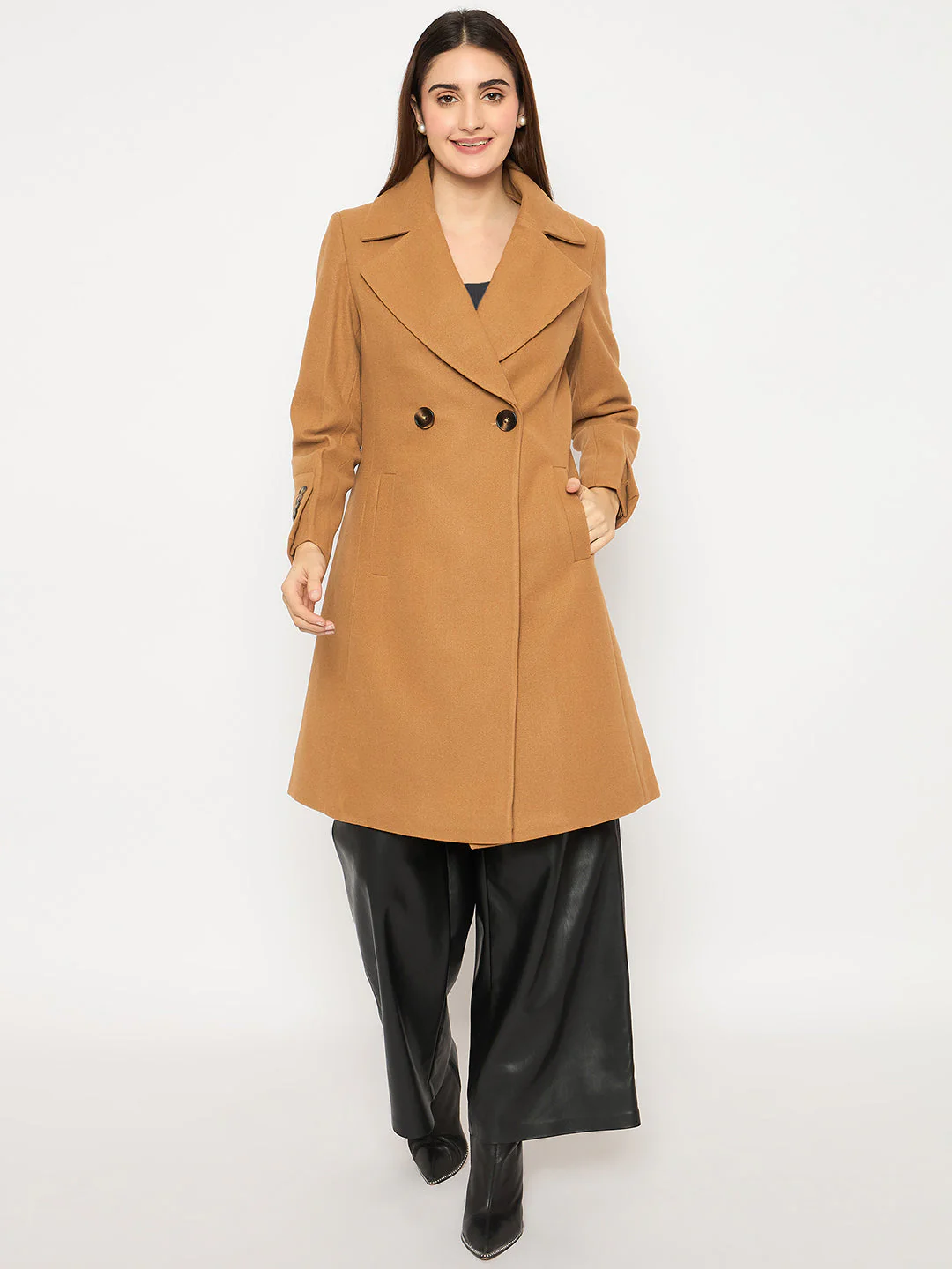 Madame Front Welt Pocketed Double Breasted Khaki Long Coat - Image 3