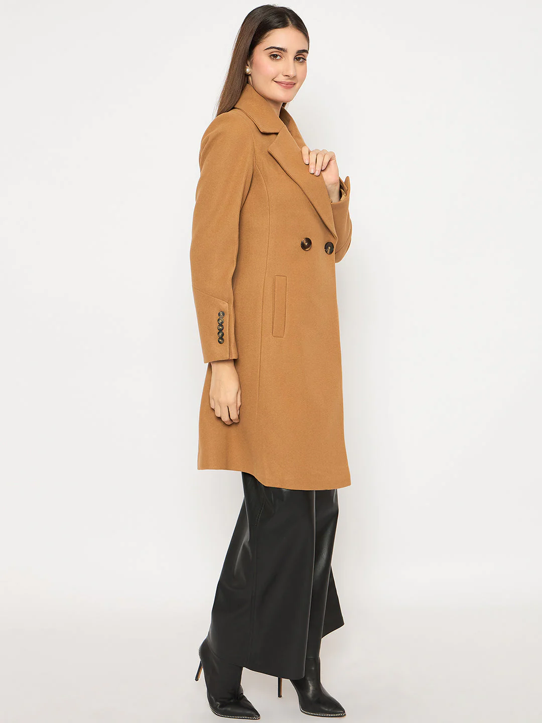 Madame Front Welt Pocketed Double Breasted Khaki Long Coat - Image 4
